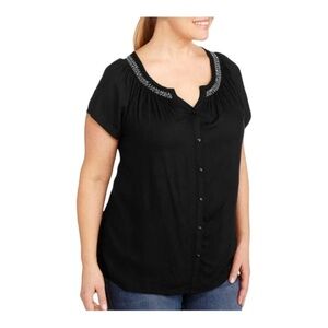 Faded Glory Peasant Short Sleeve Blouse with Shirring and Embroidery